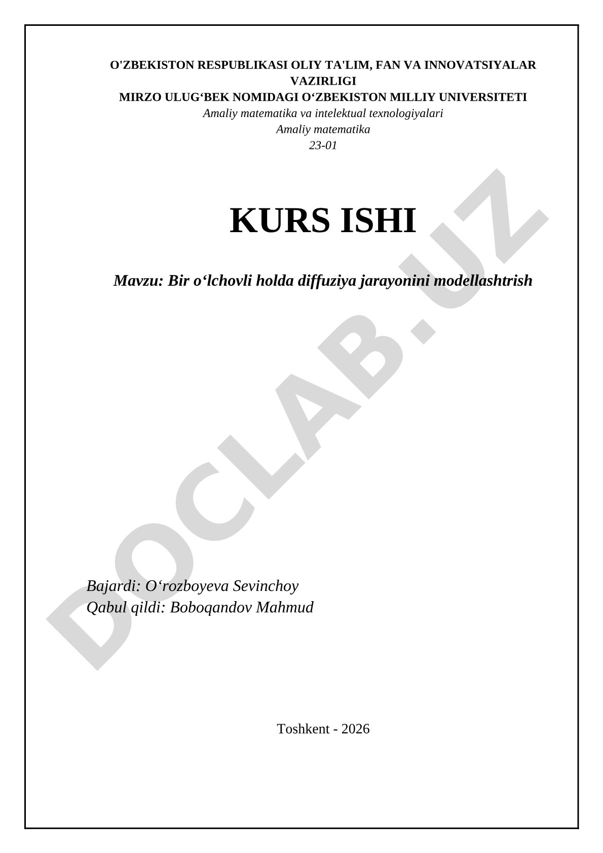 Bir oʻlchovli holda diffuziya jarayonini modellashtrish