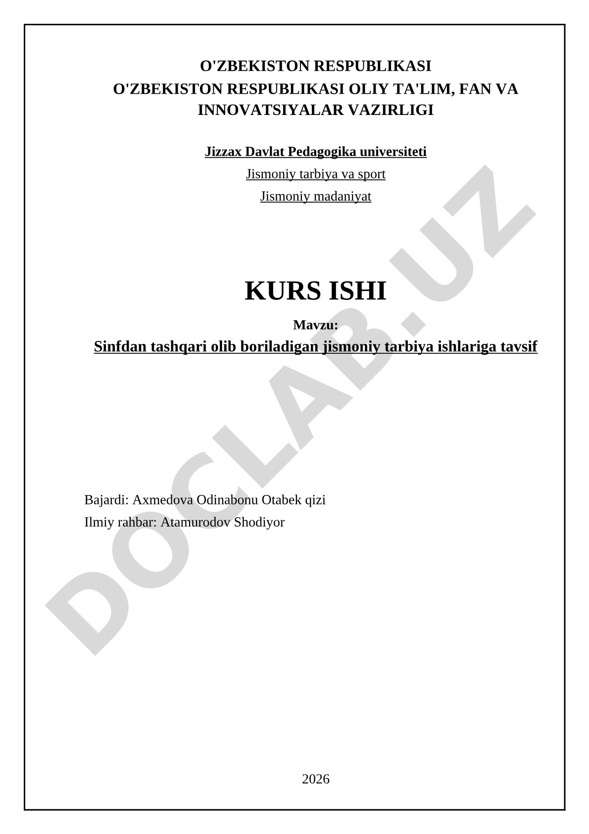 Sinfdan tashqari olib boriladigan jismoniy tarbiya ishlariga tavsif