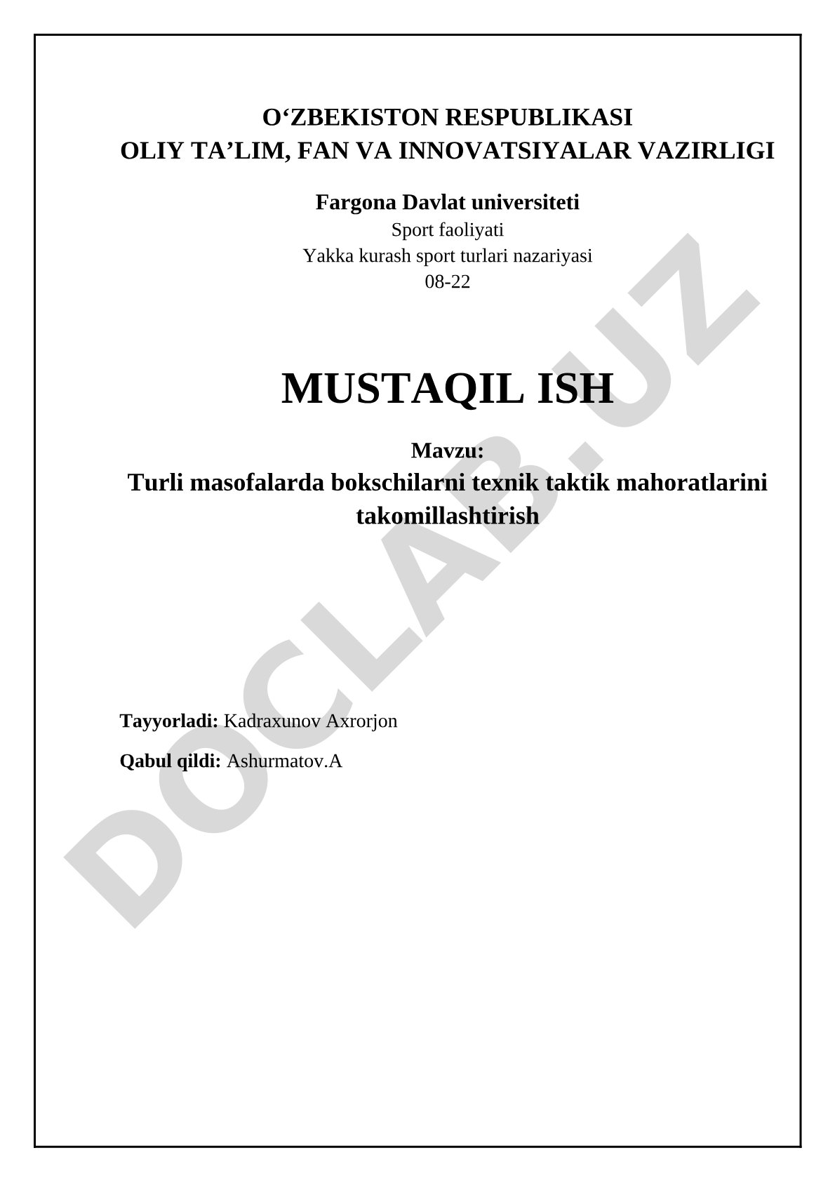 Turli masofalarda bokschilarni texnik taktik mahoratlarini takomillashtirish