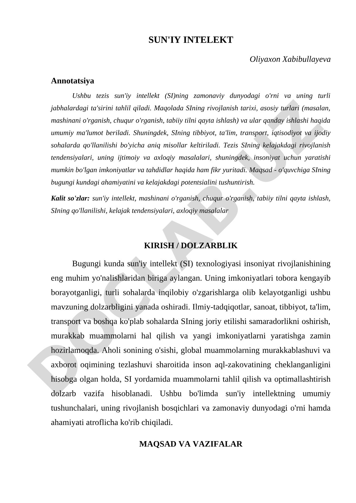 Sun'iy intellektning zamonaviy dunyodagi o'rni va ta'siri