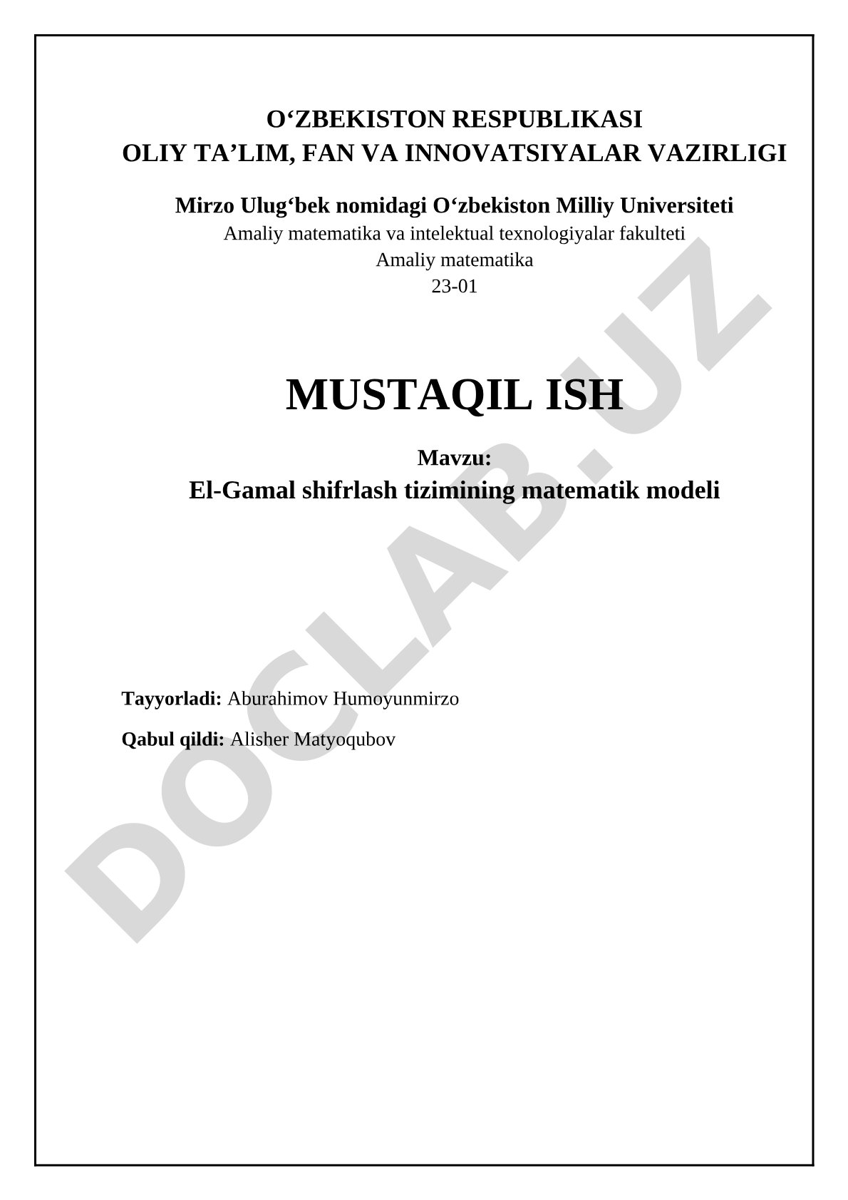 El-Gamal shifrlash tizimining matematik modeli