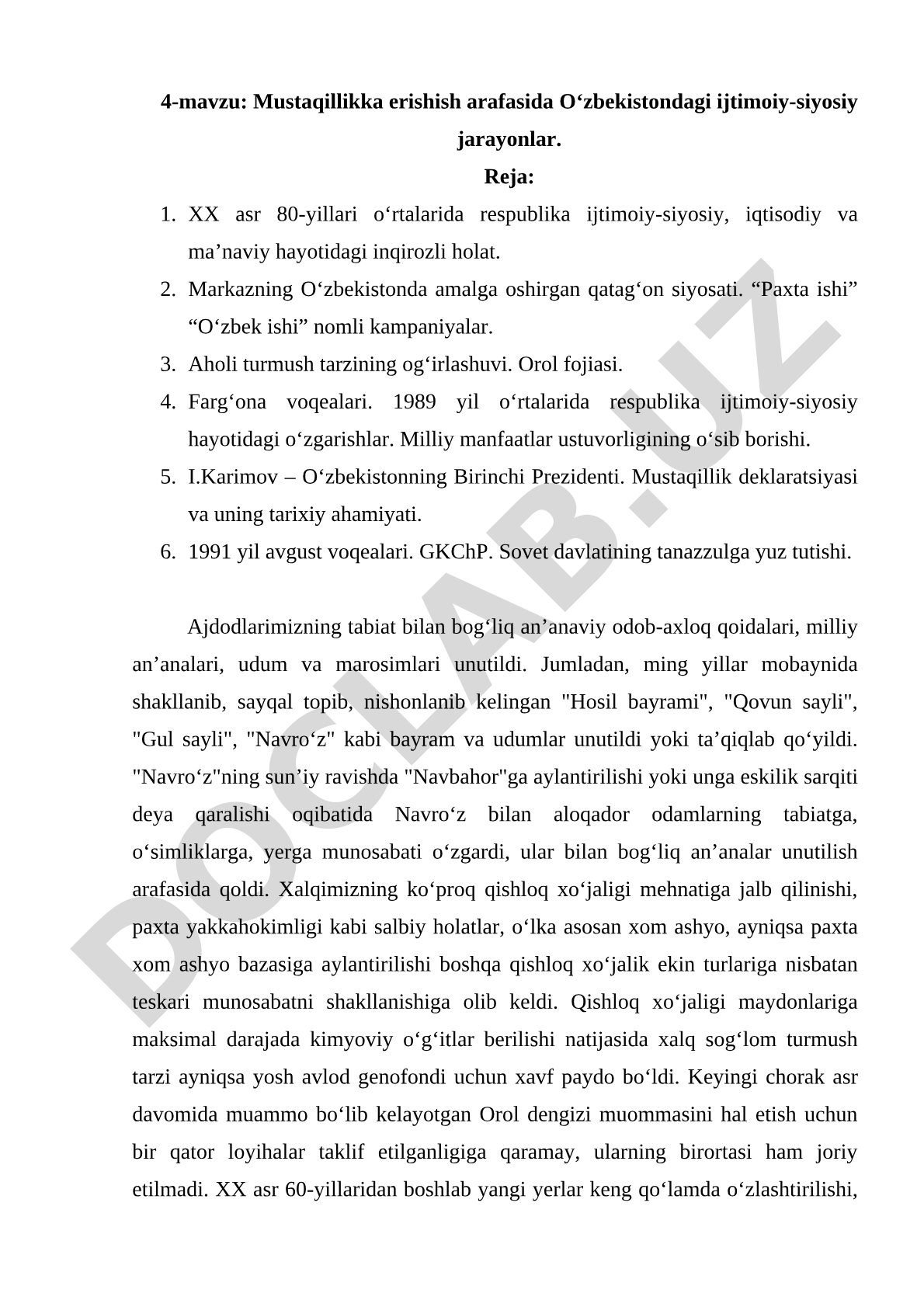 Mustaqillikka erishish arafasida O‘zbekistondagi ijtimoiy-siyosiy jarayonlar