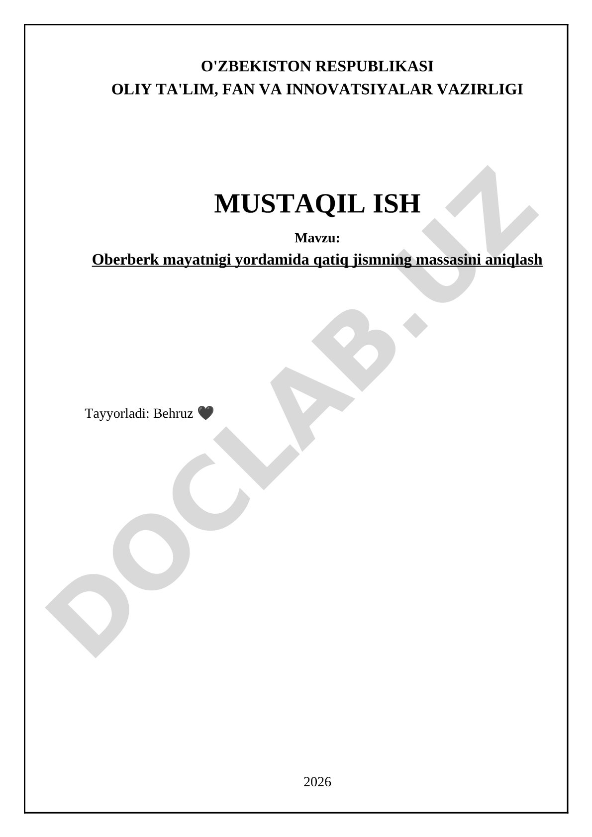 Oberberk mayatnigi yordamida qatiq jismning massasini aniqlash