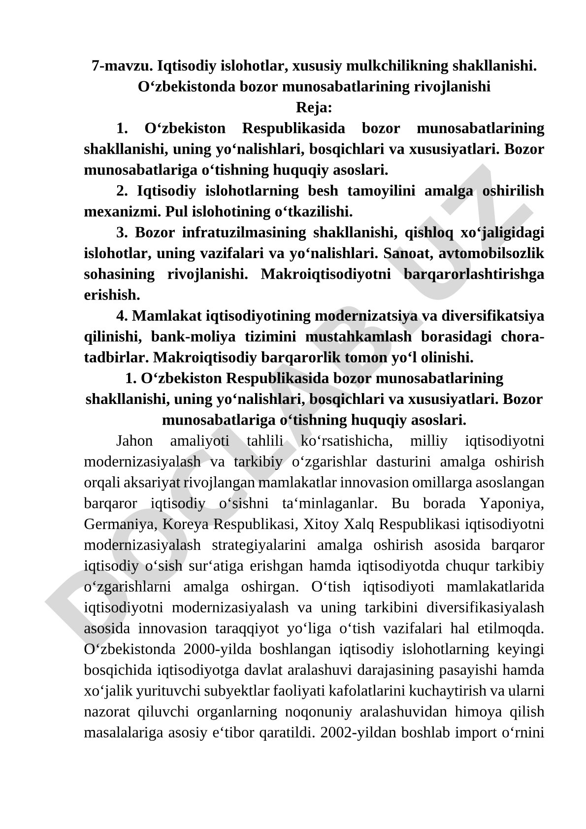 Iqtisodiy islohotlar, xususiy mulkchilikning shakllanishi. Oʻzbekistonda bozor munosabatlarining rivojlanishi