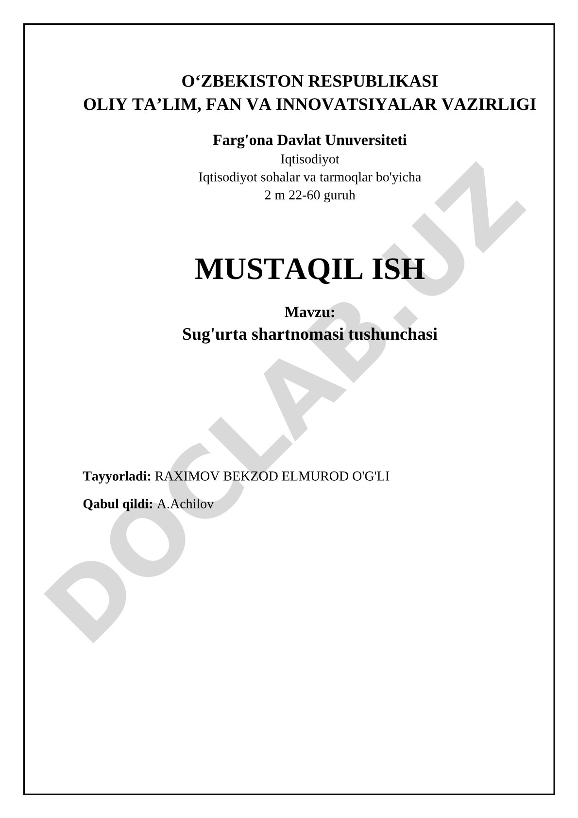 Sug'urta shartnomasi tushunchasi