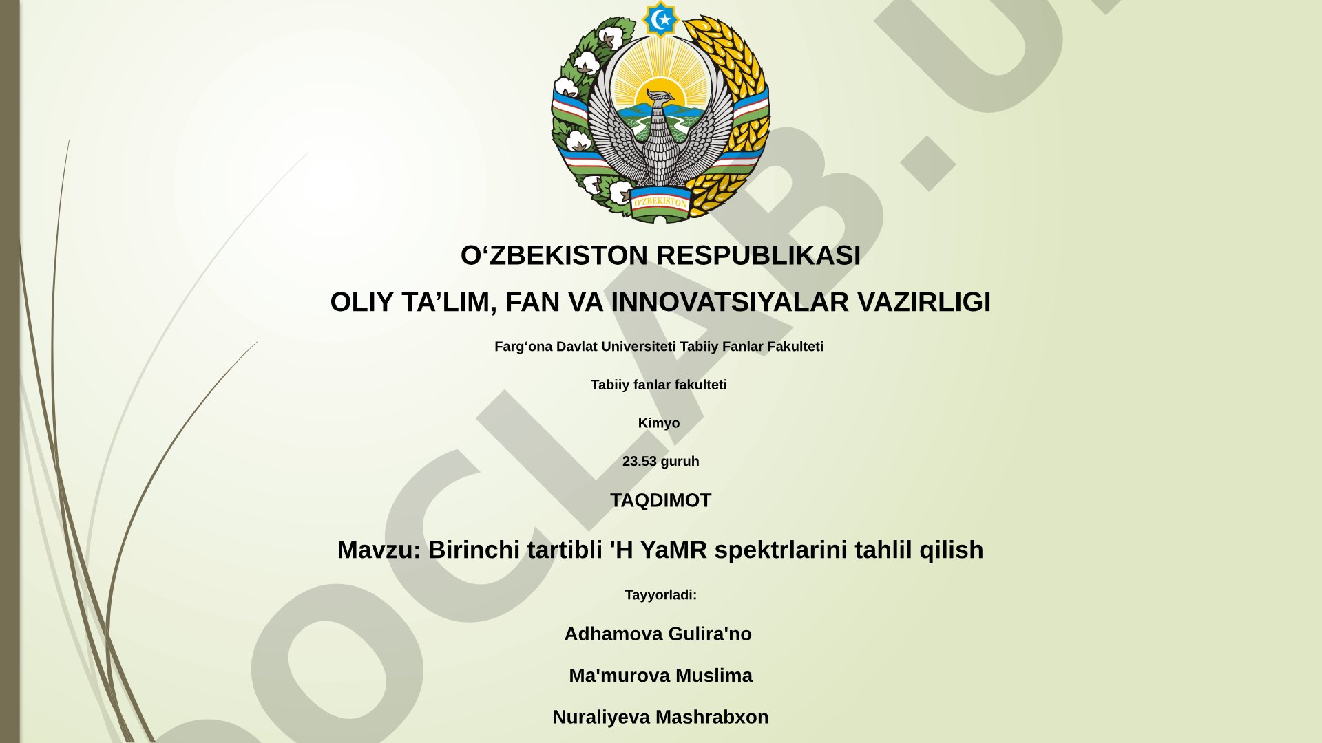Birinchi tartibli 'H YaMR spektrlarini tahlil qilish