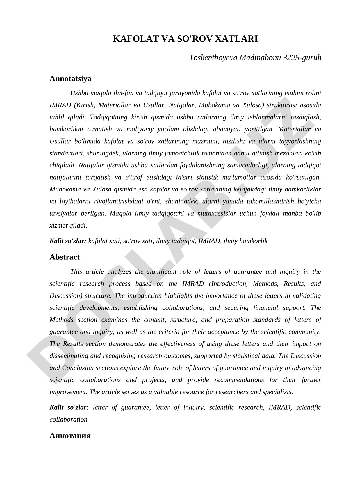 Kafolat va so'rov xatlarining ilmiy tadqiqotdagi roli