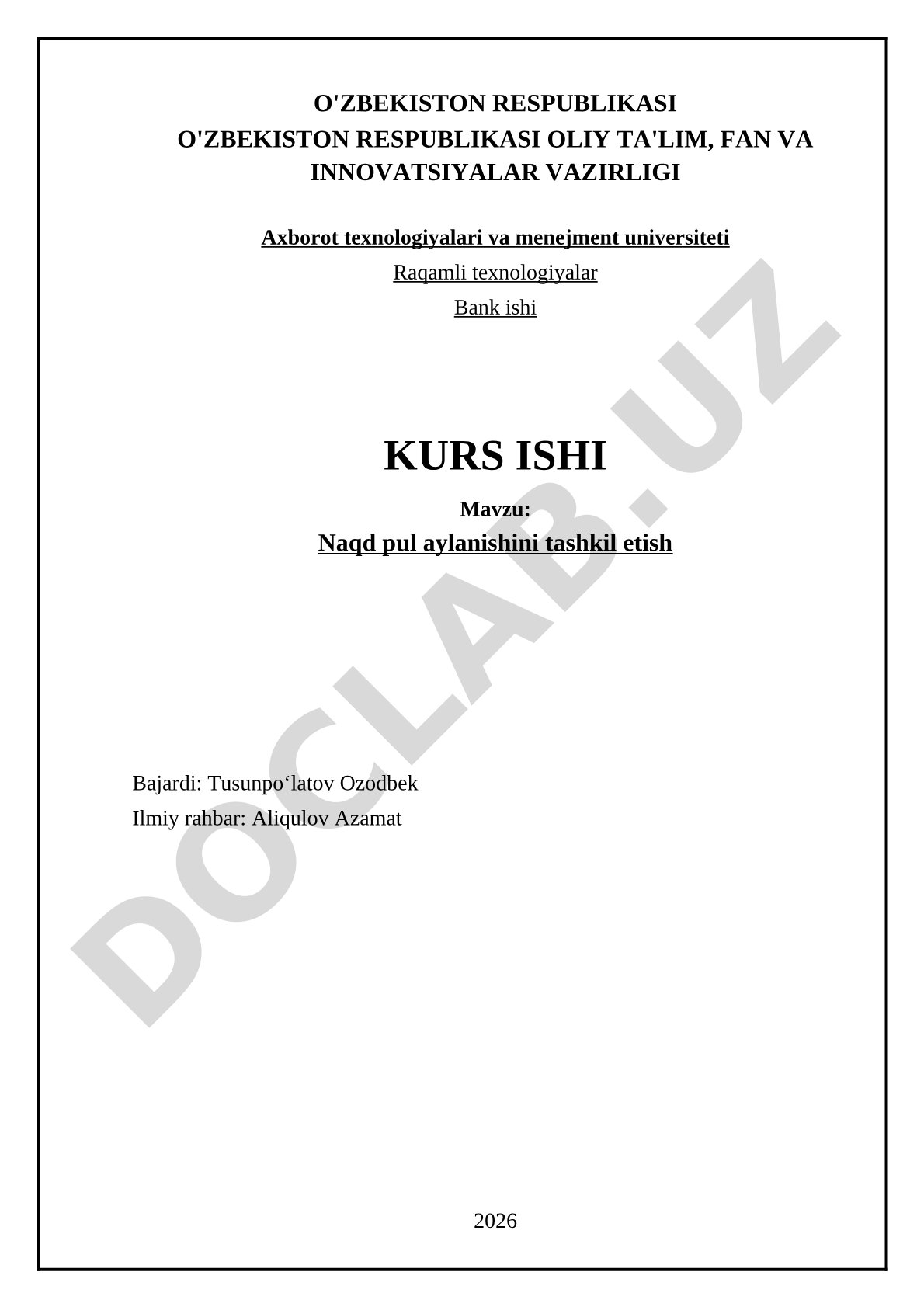 Naqd pul aylanishini tashkil etish