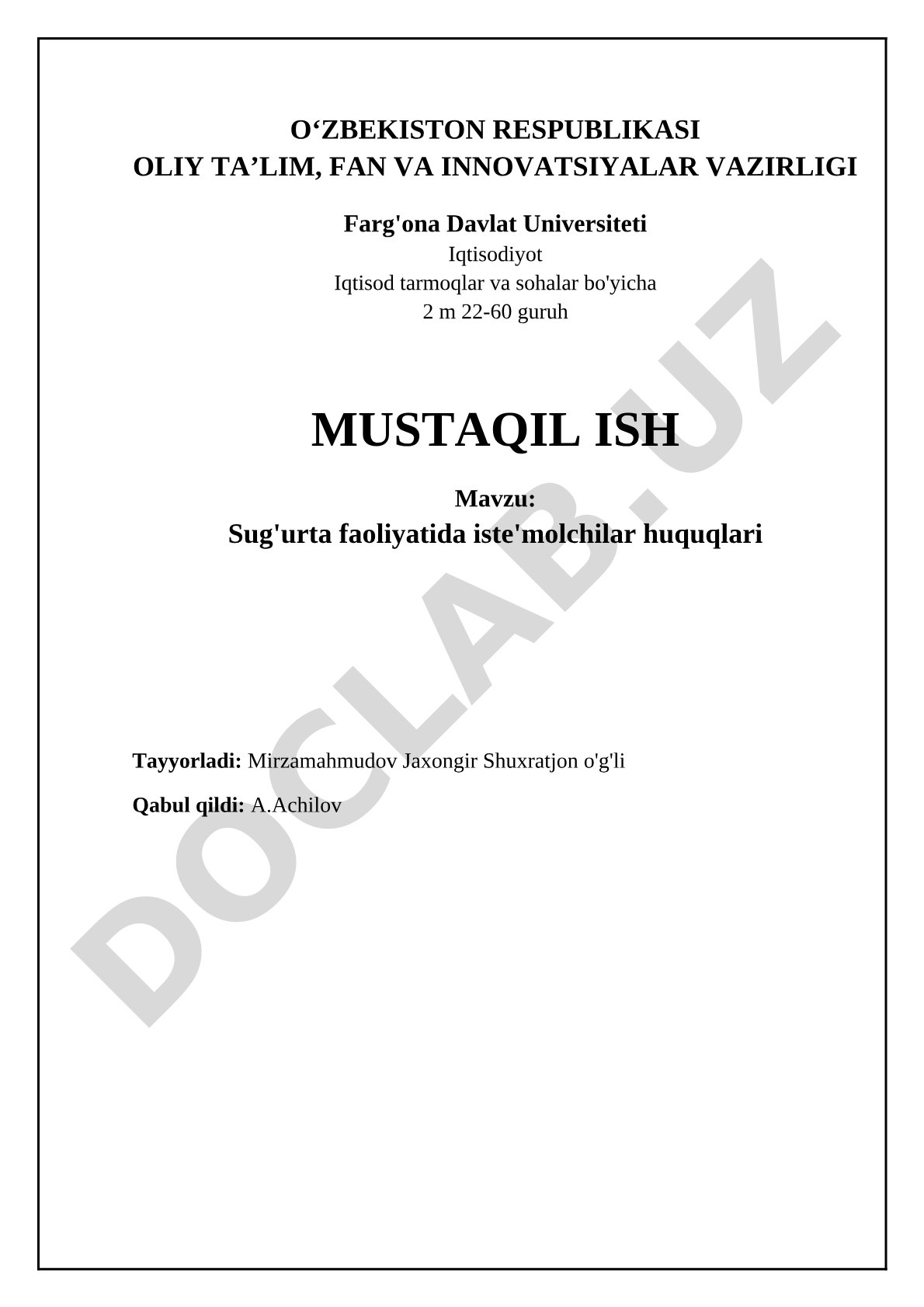 Sug'urta faoliyatida iste'molchilar huquqlari