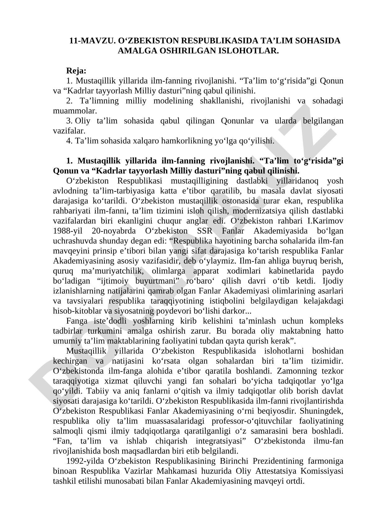 O‘zbekiston Respublikasida ta’lim sohasida amalga oshirilgan islohotlar