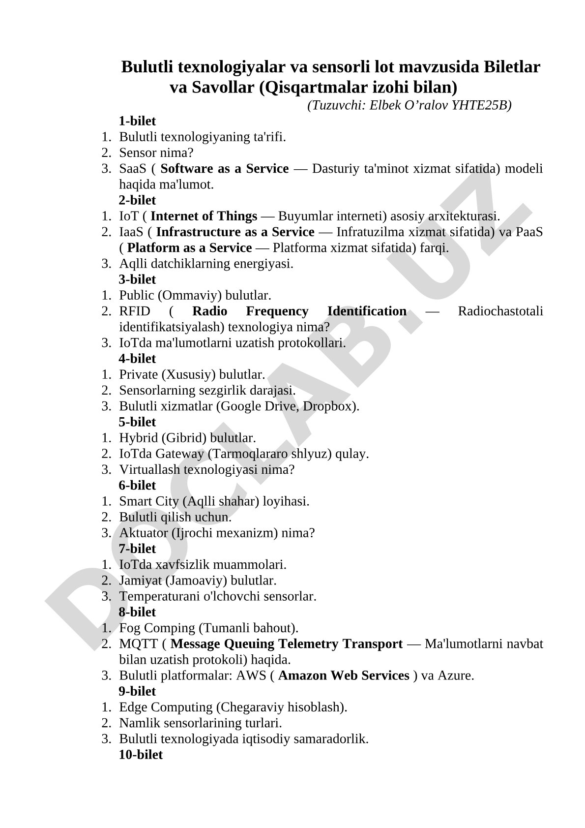 Bulutli texnologiyalar va sensorli lot mavzusida biletlar va savollar