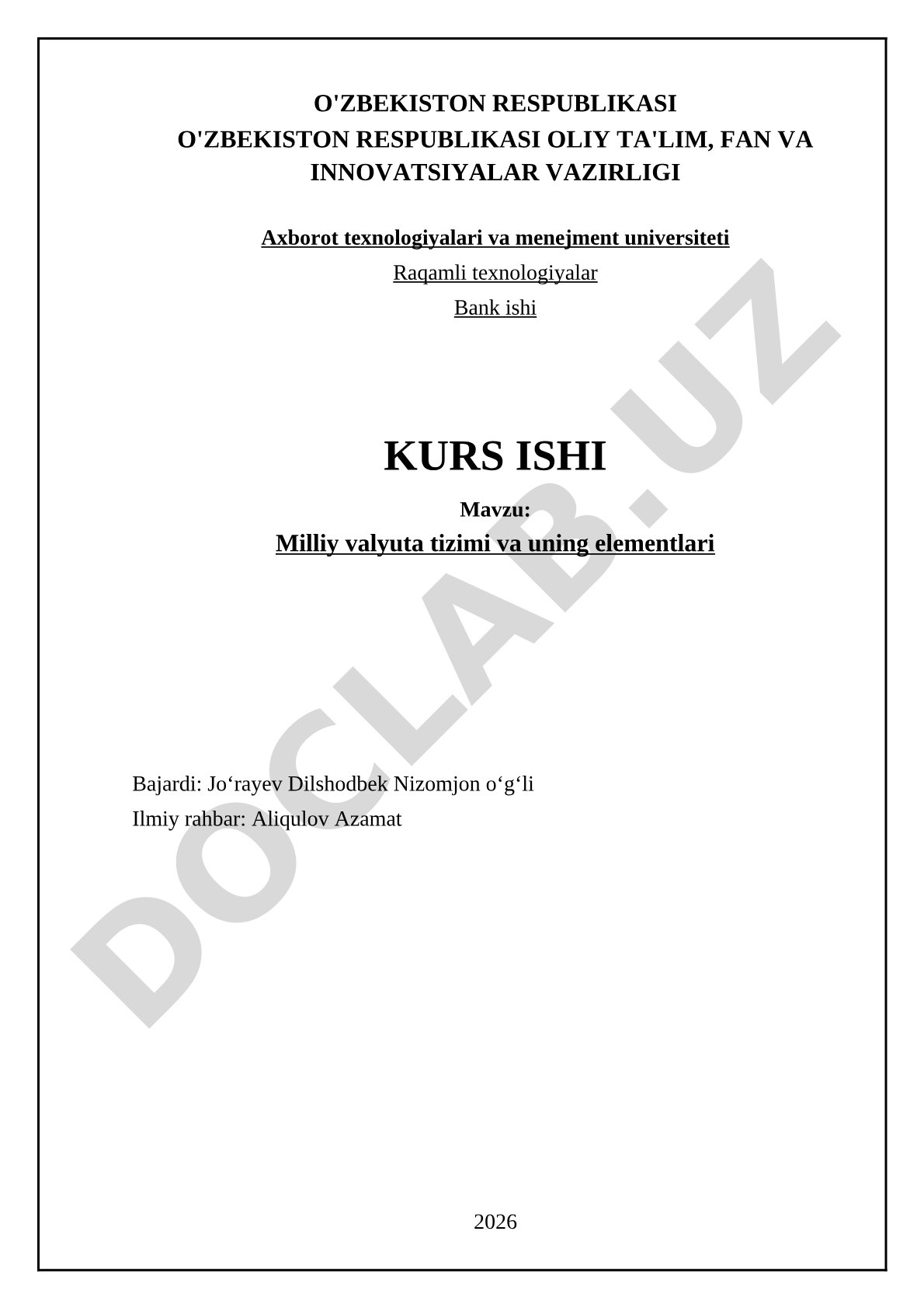 Milliy valyuta tizimi va uning elementlari
