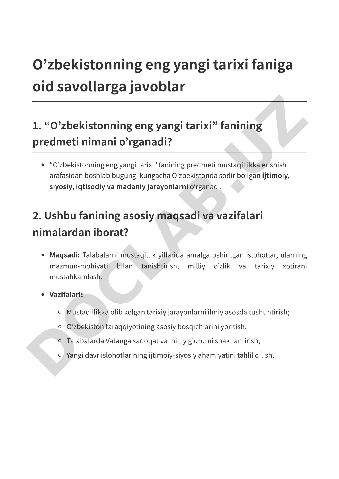 O'zbekistonning eng yangi tarixi faniga oid savollarga javoblar