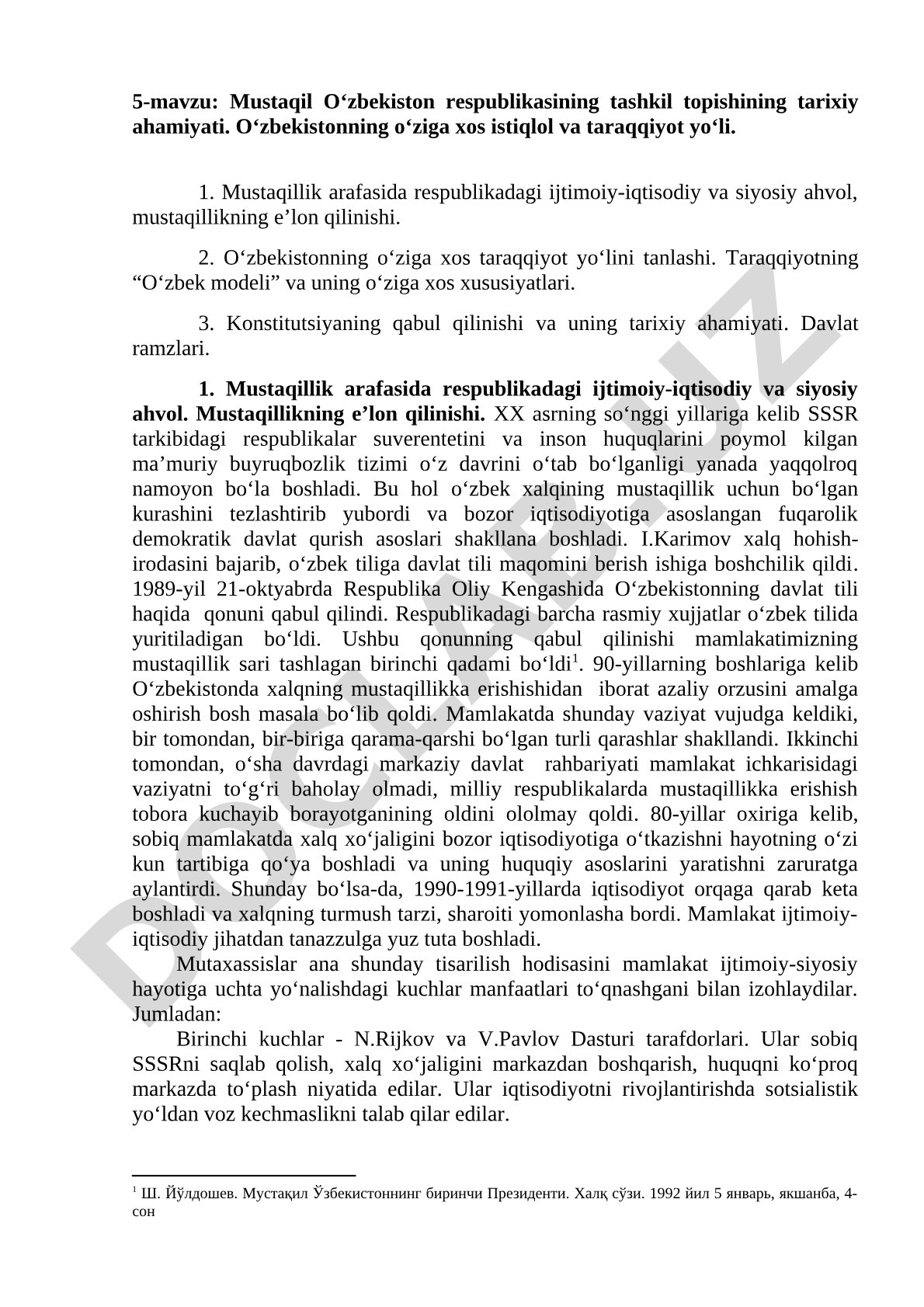 Mustaqil O‘zbekiston respublikasining tashkil topishining tarixiy ahamiyati