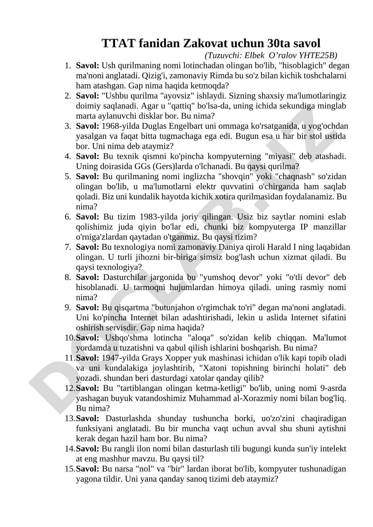 TTAT fanidan Zakovat uchun 30ta savol