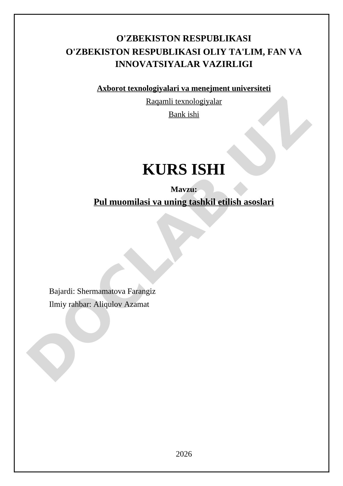 Pul muomilasi va uning tashkil etilish asoslari