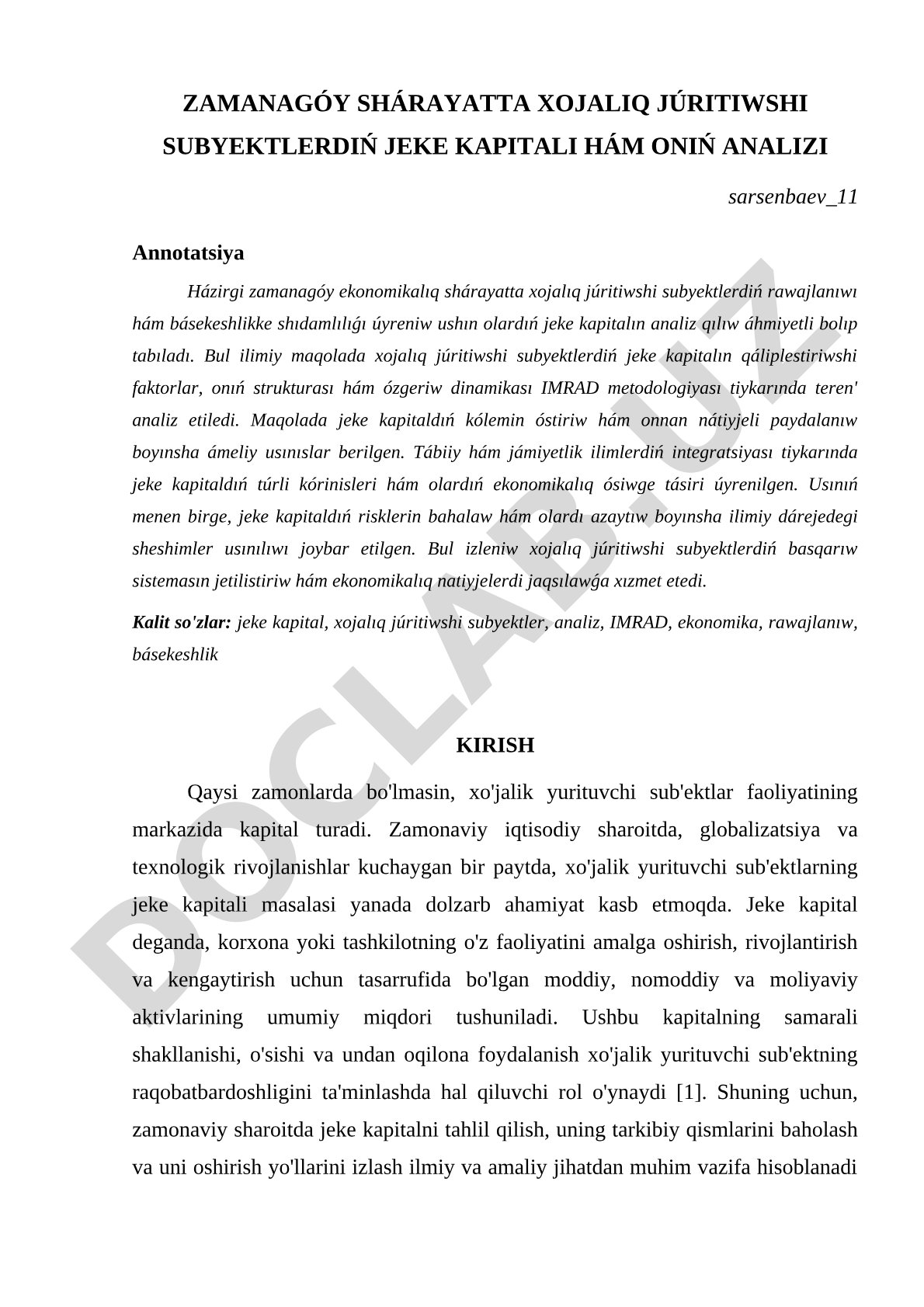Xojalıq júritiwshi subyektlerdiń jeke kapitalı hám onıń analizi