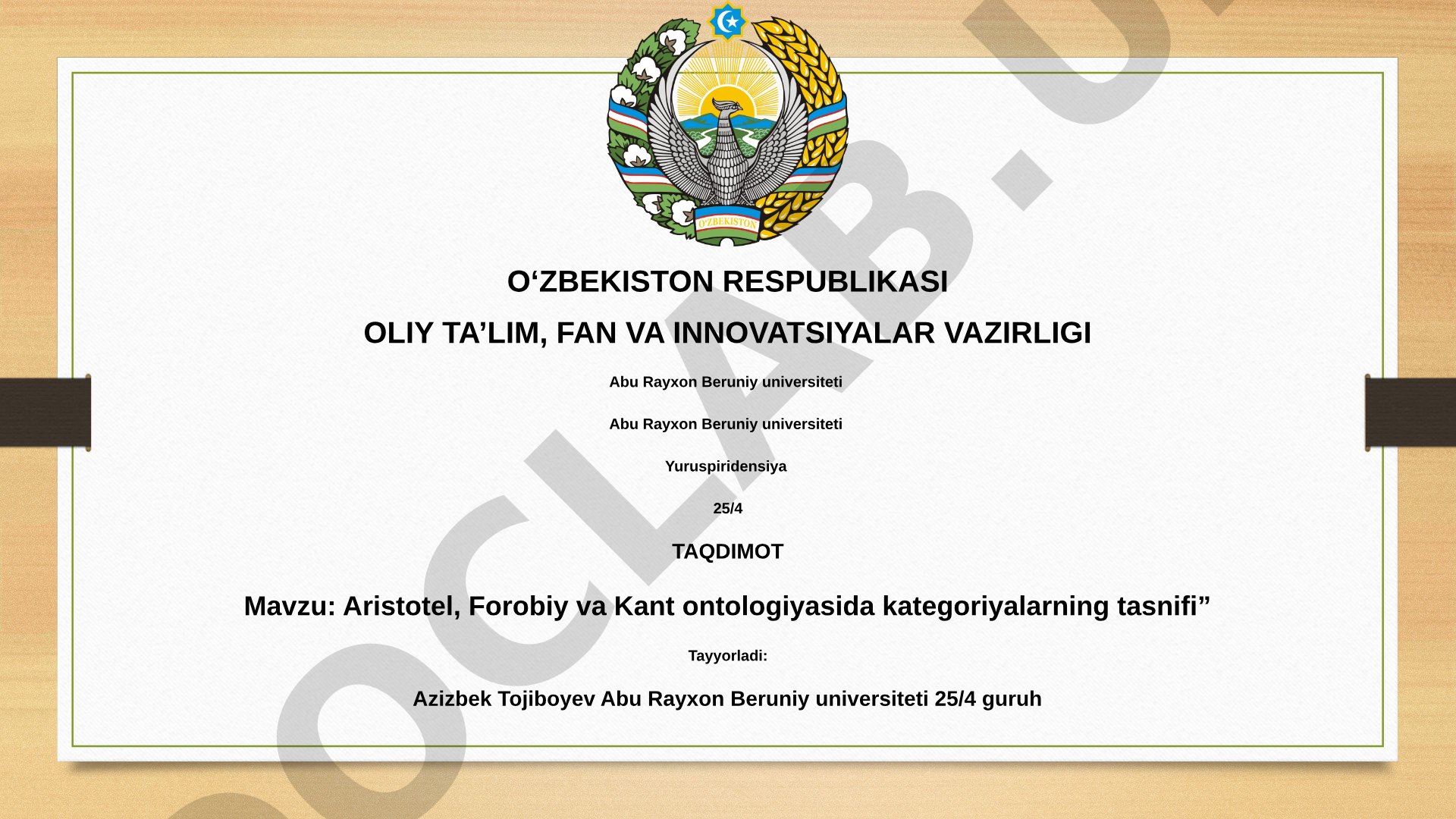 Aristotel, Forobiy va Kant ontologiyasida kategoriyalarning tasnifi
