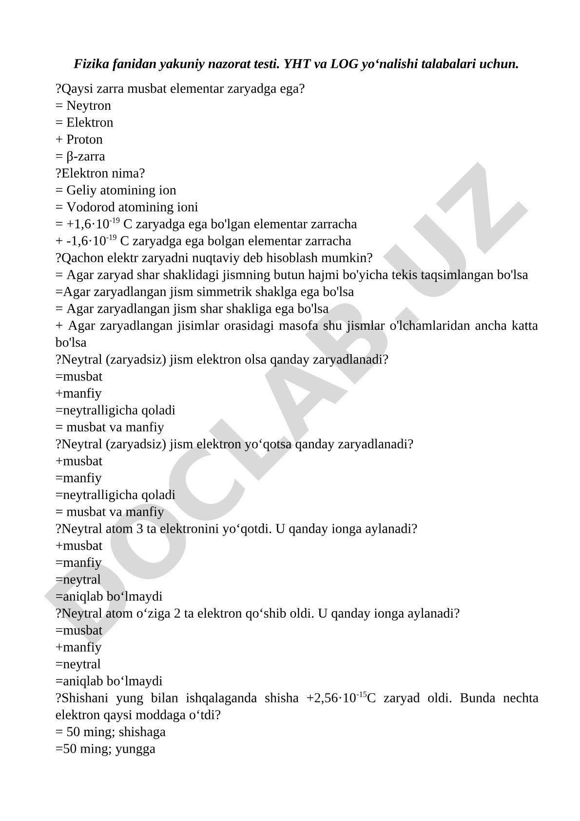 Fizika fanidan yakuniy nazorat testi