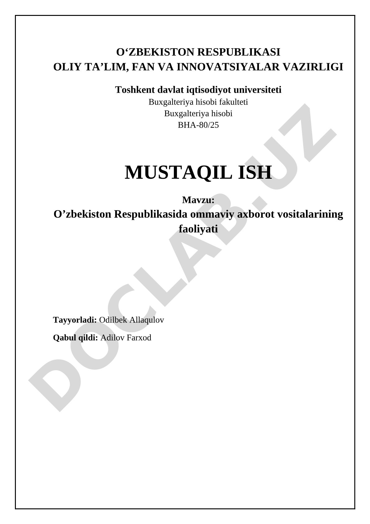 O’zbekiston Respublikasida ommaviy axborot vositalarining faoliyati
