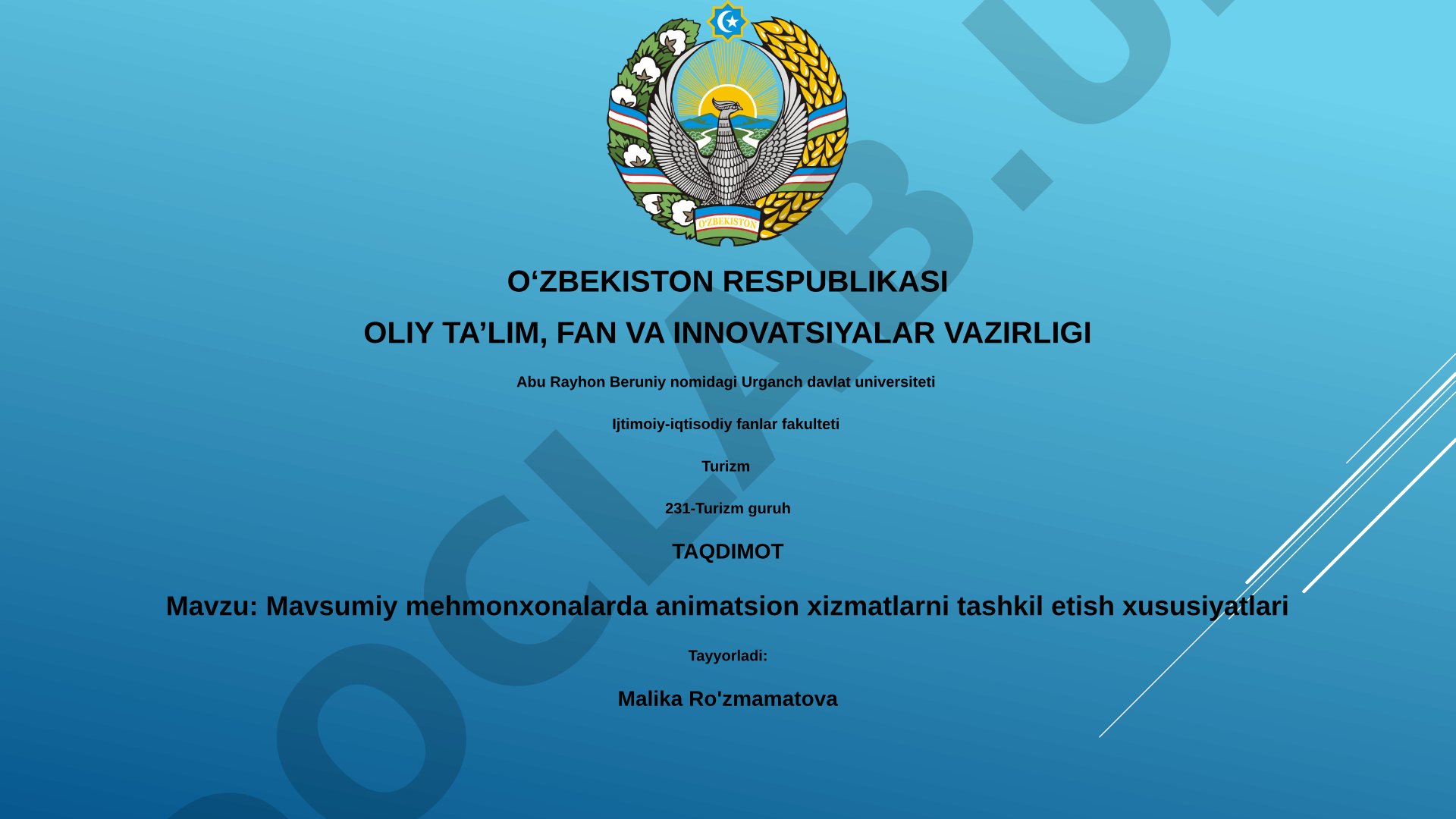 Mavsumiy mehmonxonalarda animatsion xizmatlarni tashkil etish xususiyatlari
