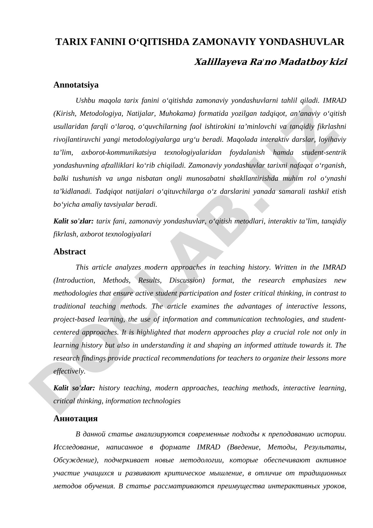 Tarix fanini oʻqitishda zamonaviy yondashuvlar