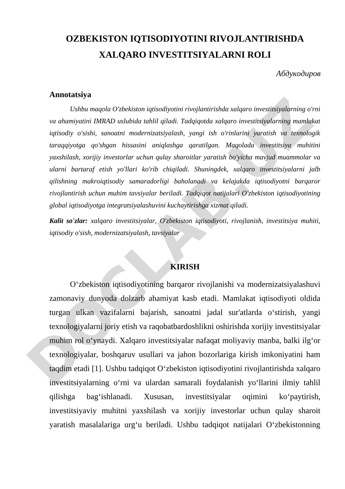 O'zbekiston iqtisodiyotini rivojlantirishda xalqaro investitsiyalarning roli