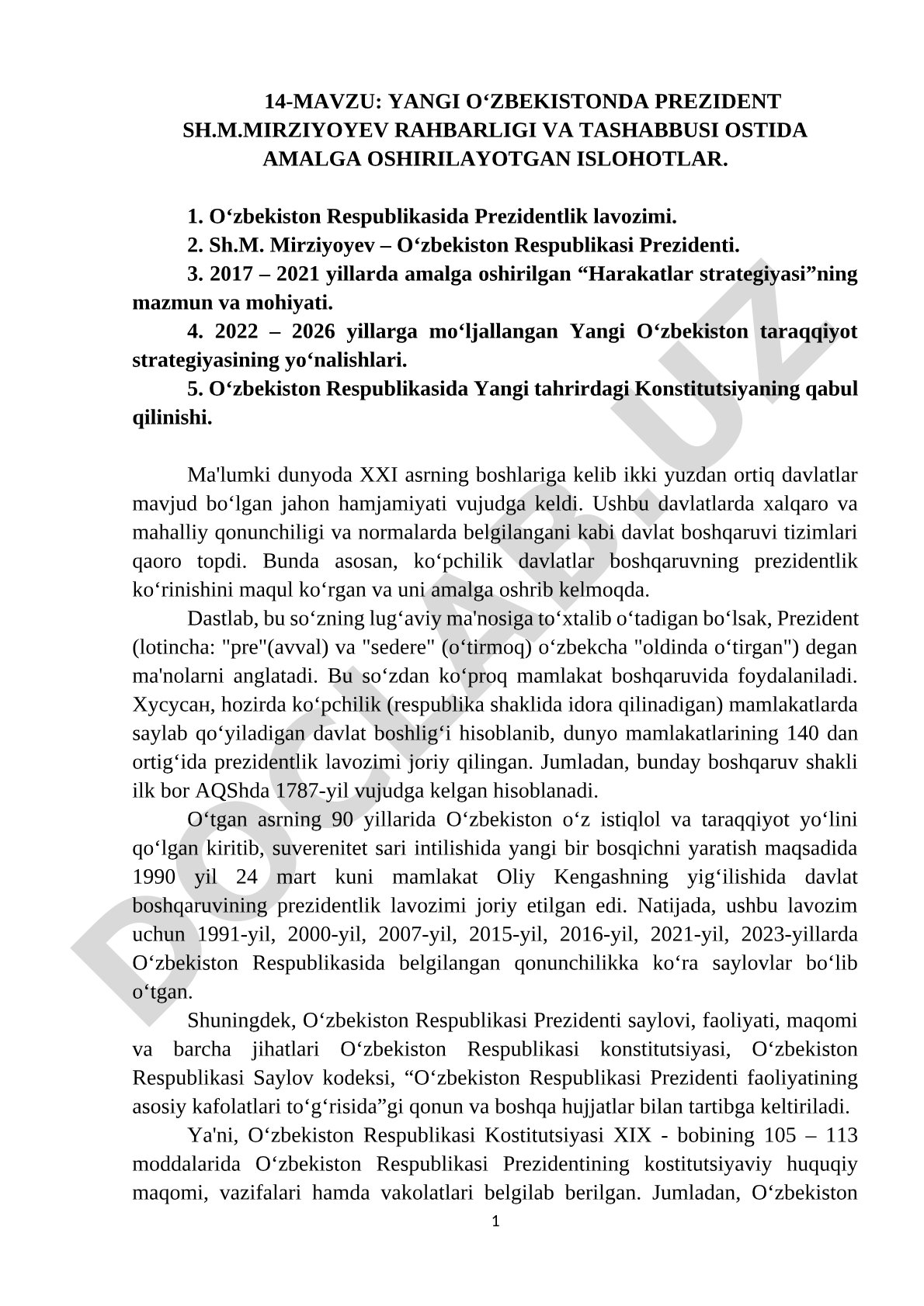 Yangi O‘zbekistonda Prezident Sh.M.Mirziyoyev rahbarligi va tashabbusi ostida amalga oshirilayotgan islohotlar