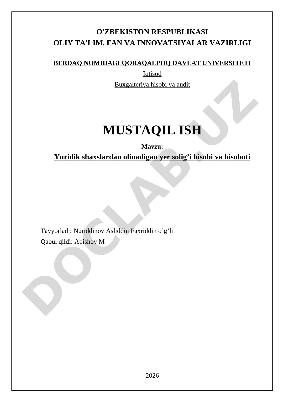 Yuridik shaxslardan olinadigan yer solig'i hisobi va hisoboti