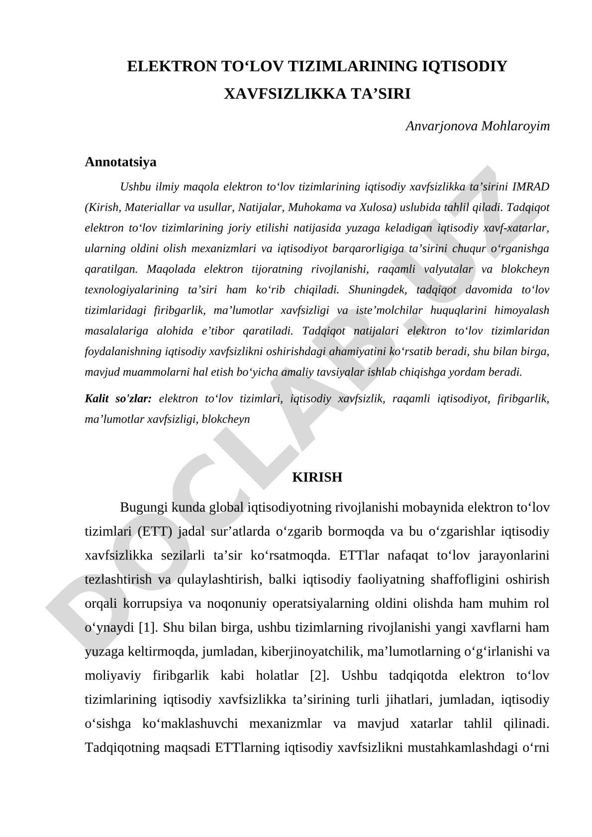 Elektron toʻlov tizimlarining iqtisodiy xavfsizlikka taʼsiri