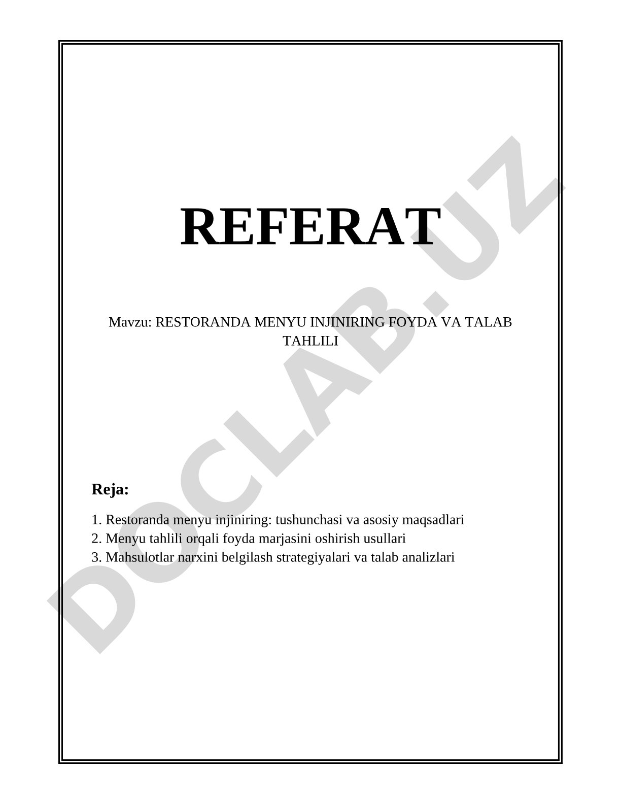 RESTORANDA MENYU INJINIRING FOYDA VA TALAB TAHLILI