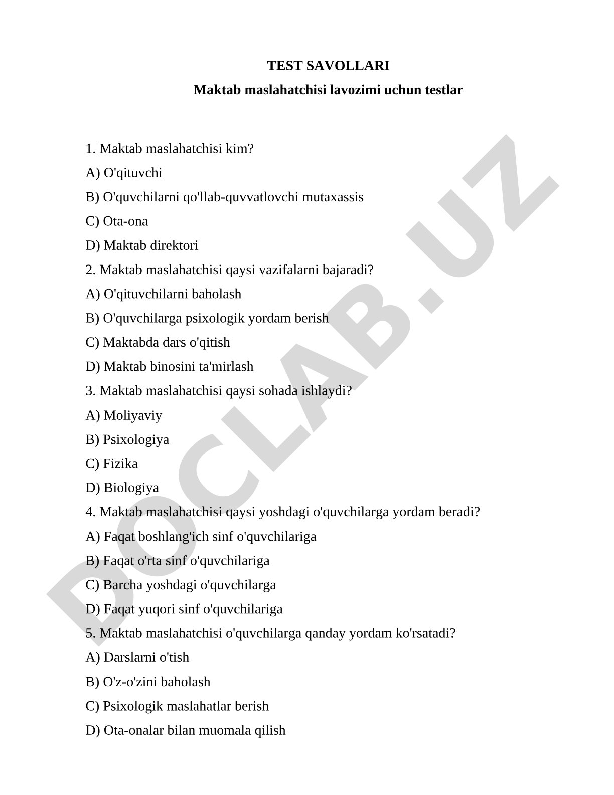 Maktab maslahatchisi lavozimi uchun 228 talik testlar
