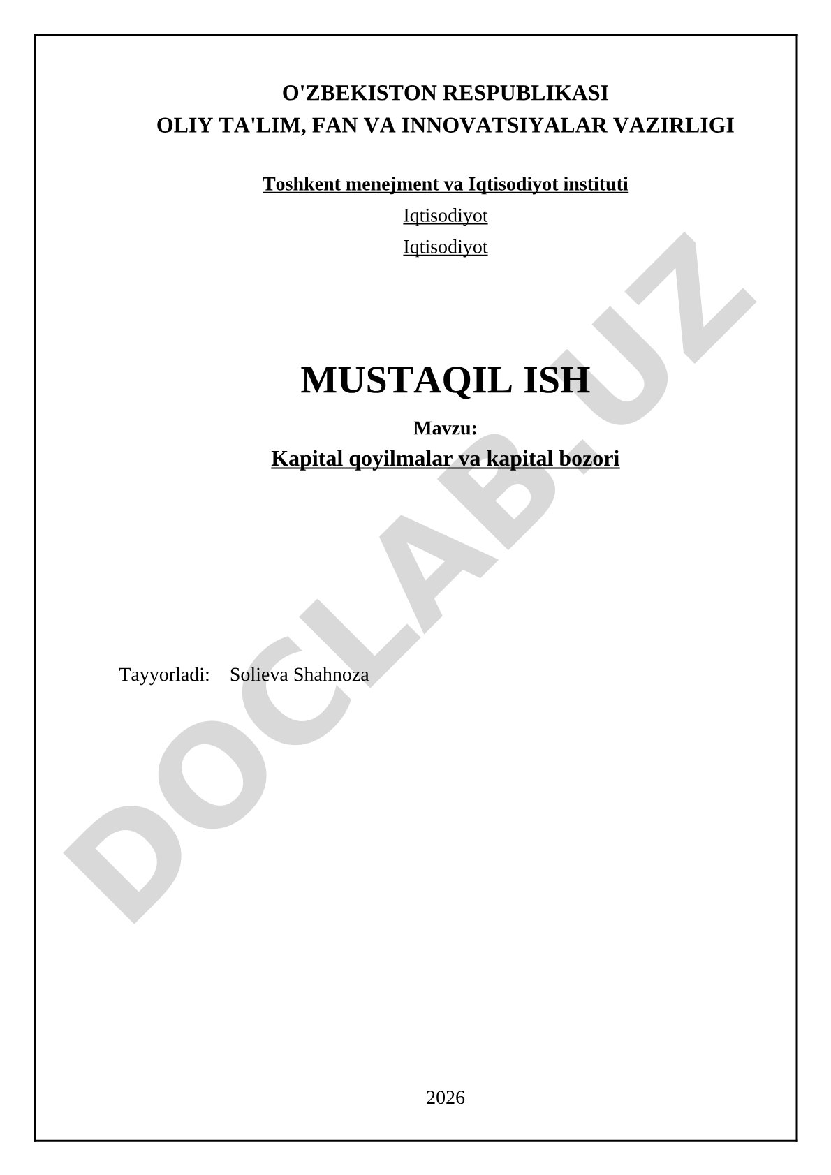 Kapital qoyilmalar va kapital bozori