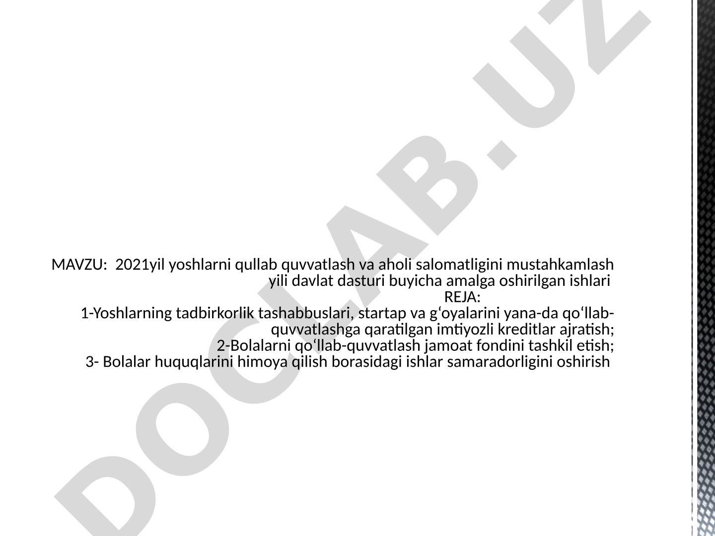 2021 yil yoshlarni qo'llab-quvvatlash va aholi salomatligini mustahkamlash yili davlat dasturi bo'yicha amalga oshirilgan ishlar