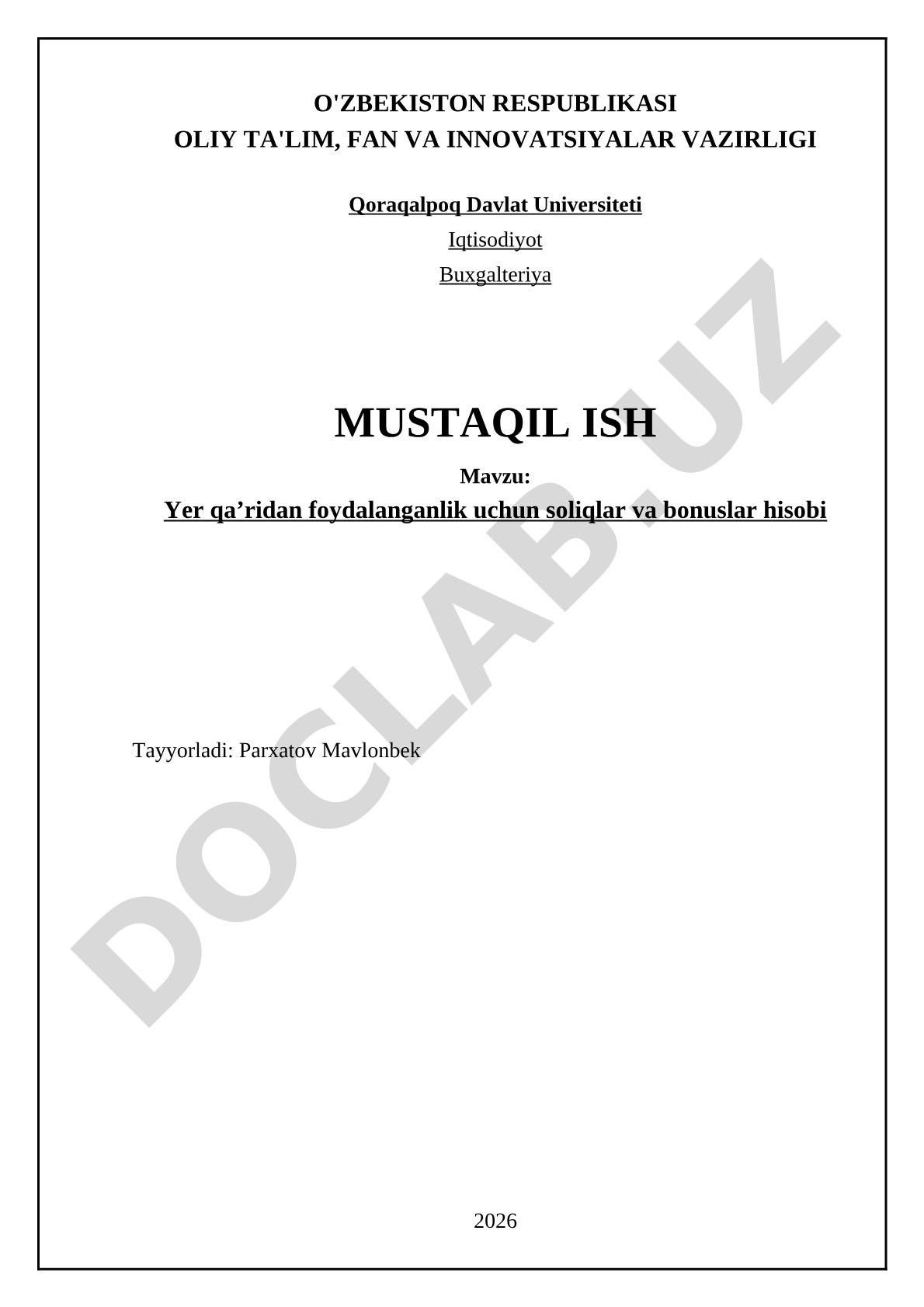 Yer qa'ridan foydalanganlik uchun soliqlar va bonuslar hisobi