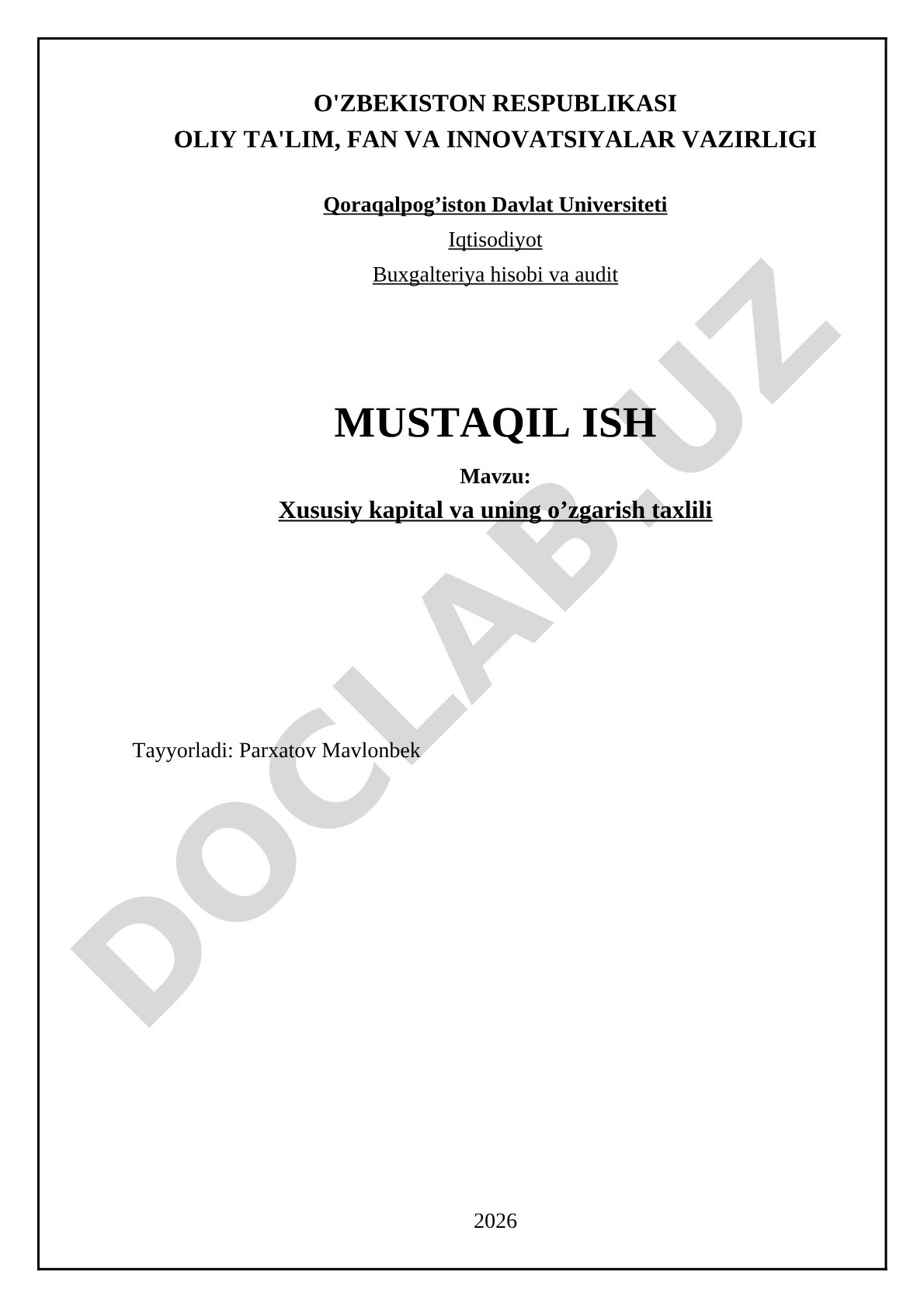 Xususiy kapital va uning o'zgarish tahlili
