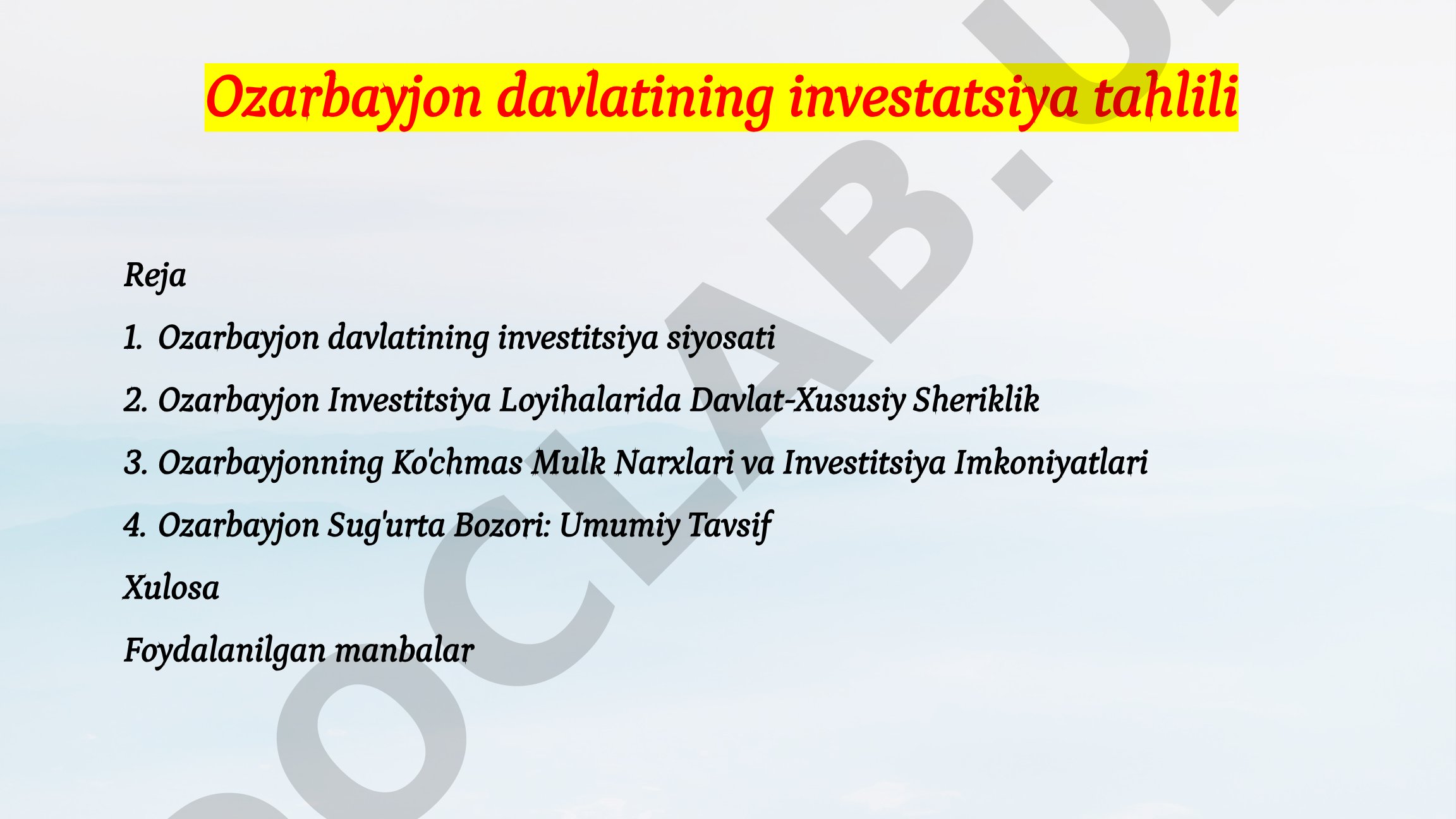 Ozarbayjon davlatining investatsiya tahlili