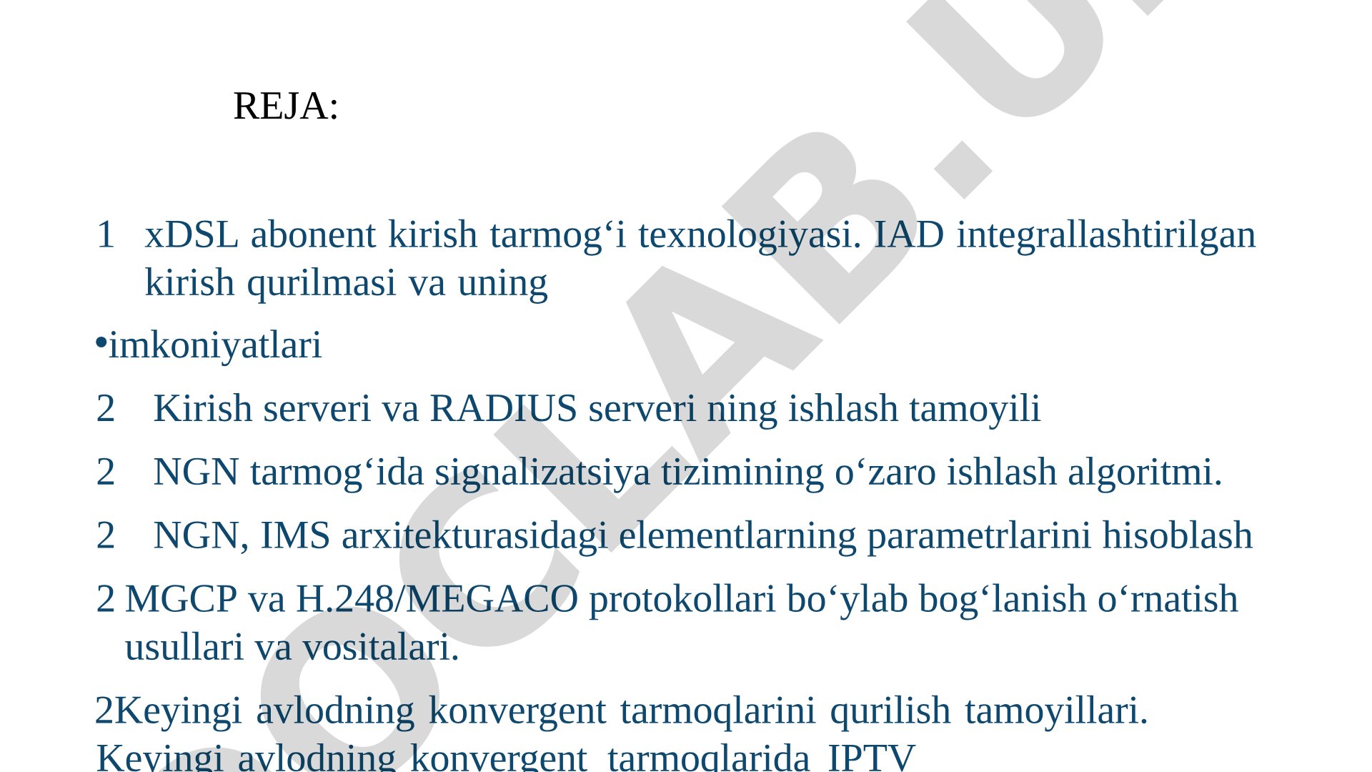 xDSL abonent kirish tarmog‘i texnologiyasi va NGN tarmog‘ida signalizatsiya tizimining o‘zaro ishlash algoritmi