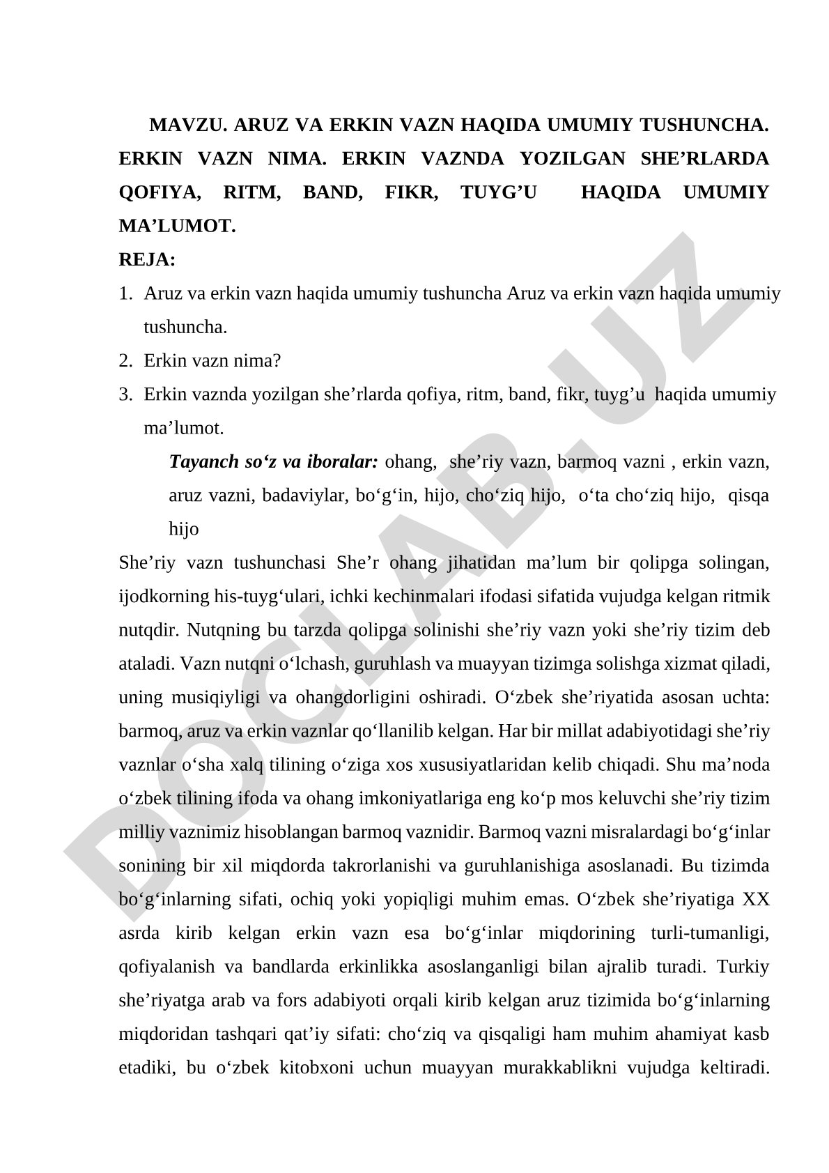 Aruz va erkin vazn haqida umumiy tushuncha