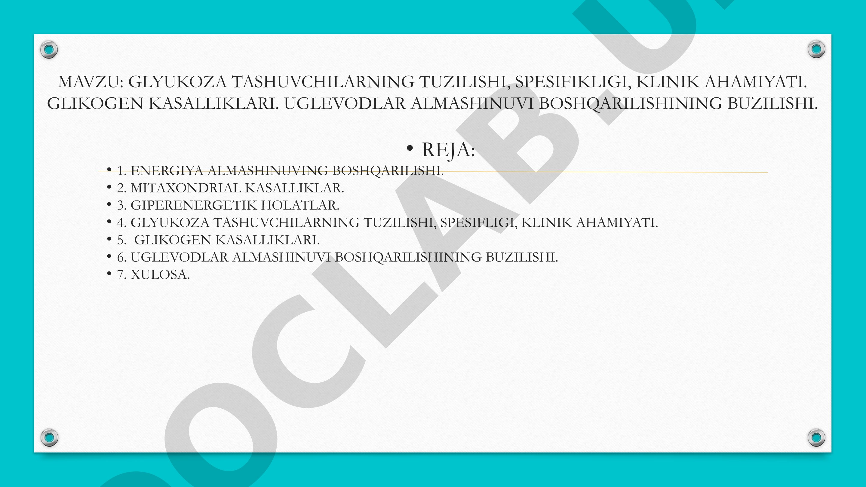 Glyukoza tashuvchilarning tuzilishi, spesifikligi, klinik ahamiyati. Glikogen kasalliklari. Uglevodlar almashinuvi boshqarilishining buzilishi