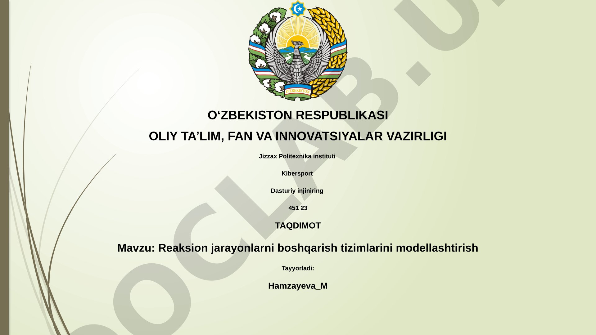 Reaksion jarayonlarni boshqarish tizimlarini modellashtirish