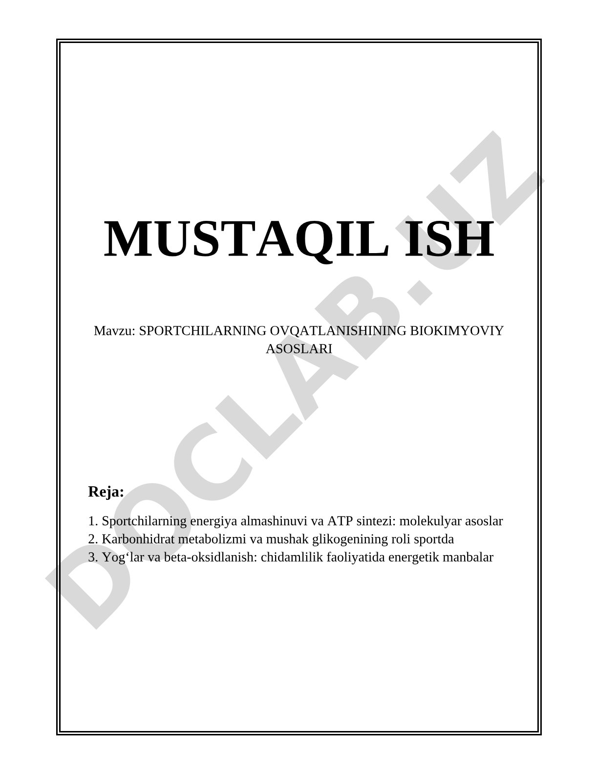 Sportchilarning ovqatlanishining biokimyoviy asoslari