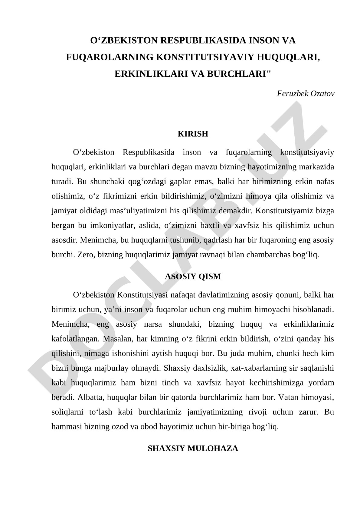 O‘zbekiston Respublikasida inson va fuqarolarning konstitutsiyaviy huquqlari, erkinliklari va burchlari