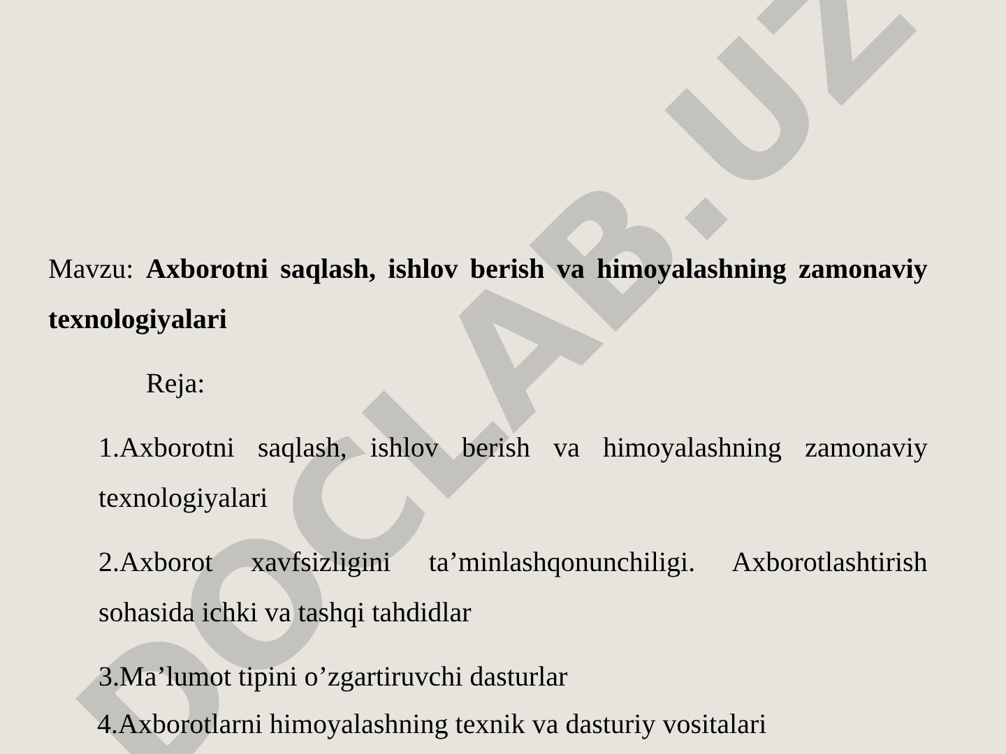 Axborotni saqlash, ishlov berish va himoyalashning zamonaviy texnologiyalari