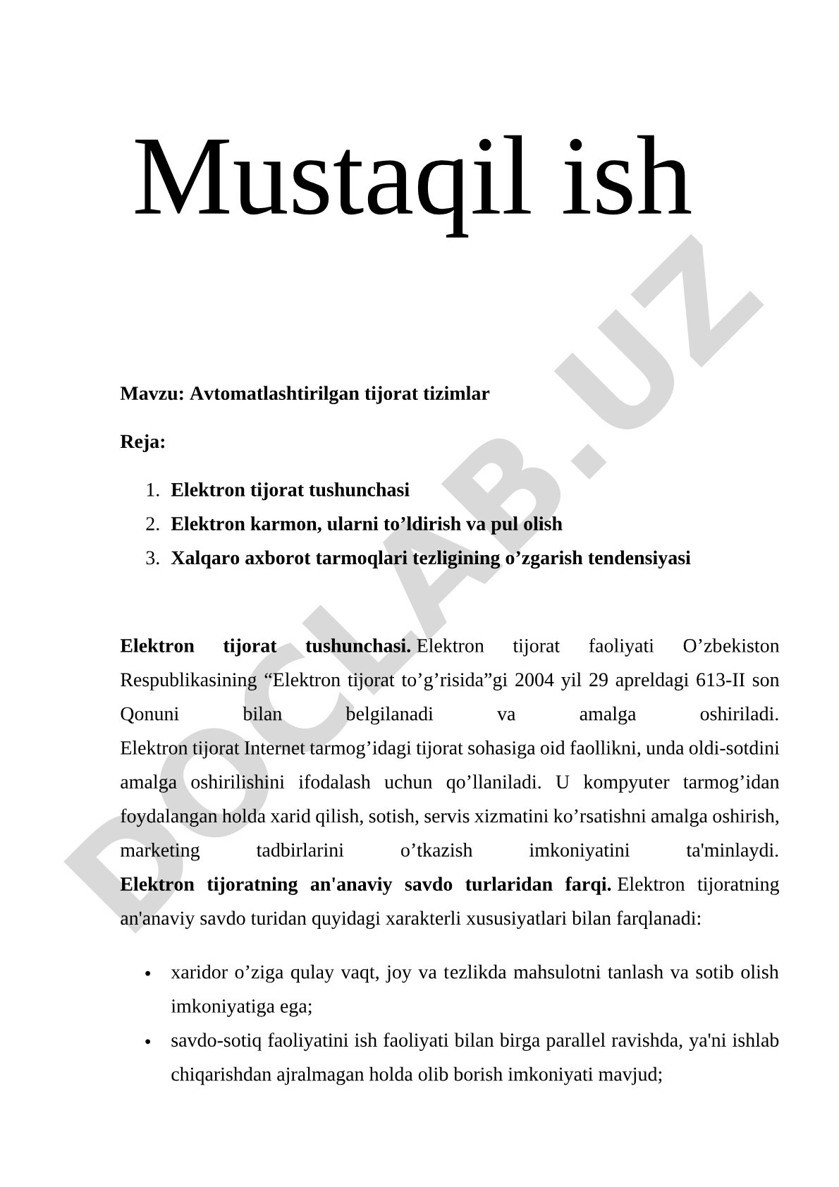 Elektron tijorat tushunchasi, elektron karmonlar, xalqaro axborot tarmoqlari tezligi