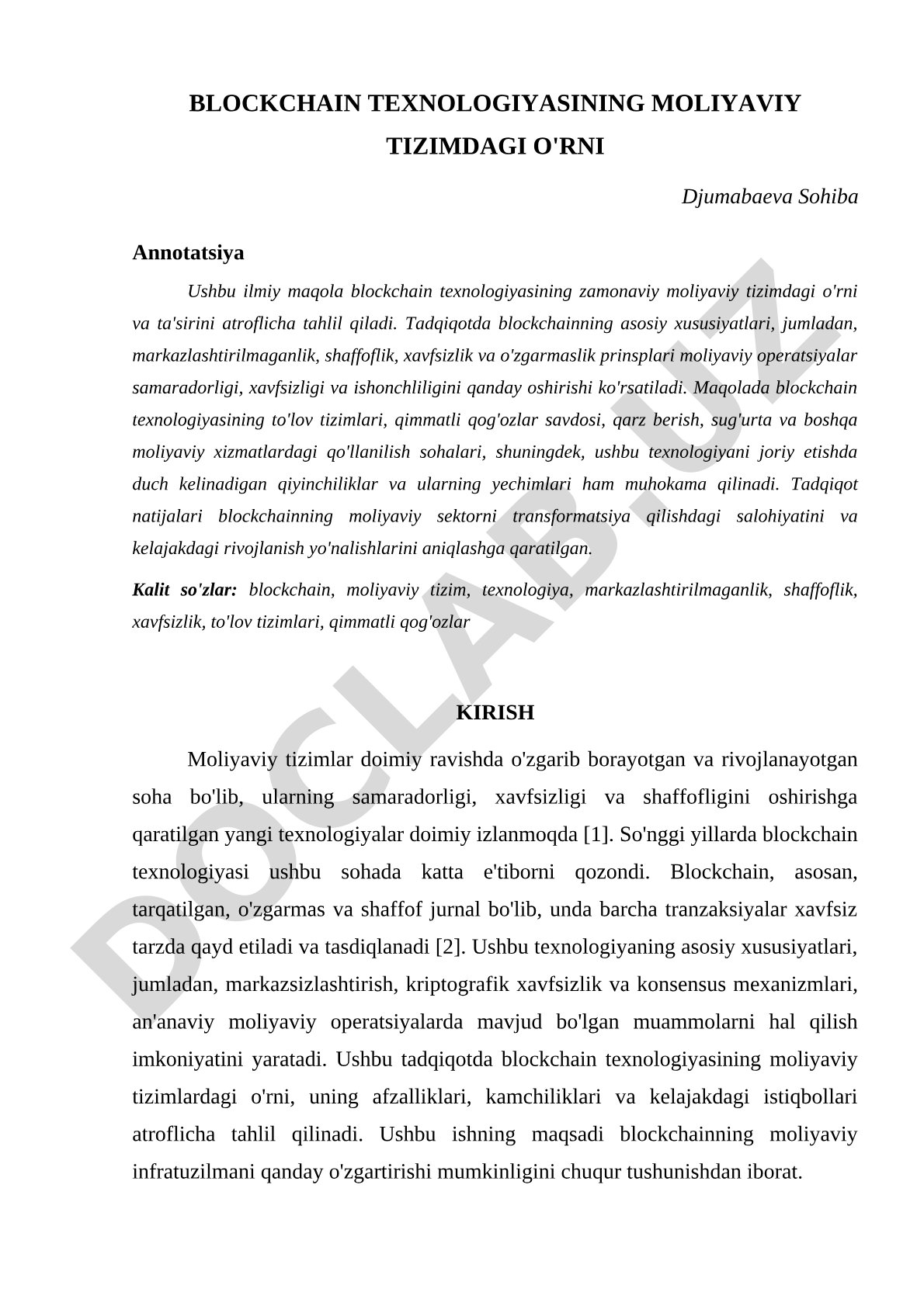 Blockchain texnologiyasining moliyaviy tizimdagi o'rni