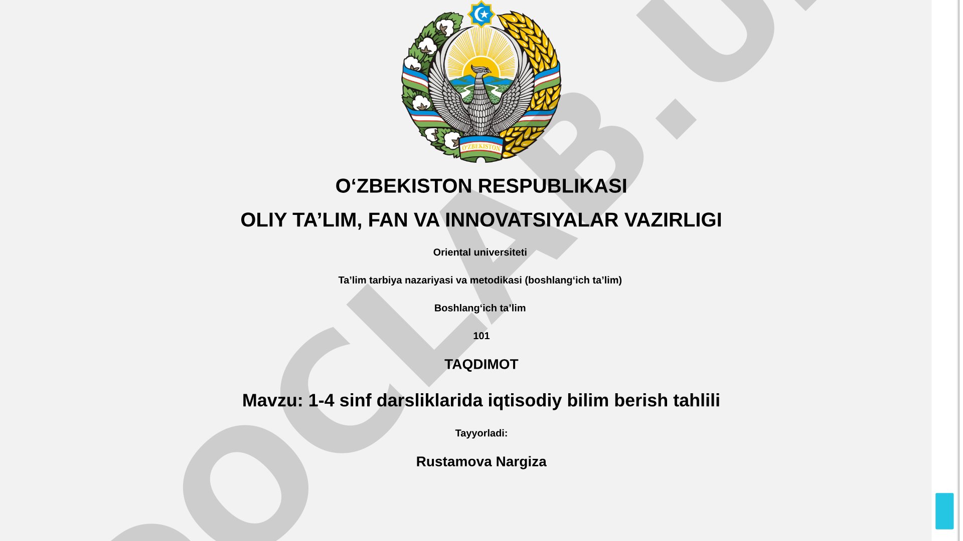 1-4 sinf darsliklarida iqtisodiy bilim berish tahlili