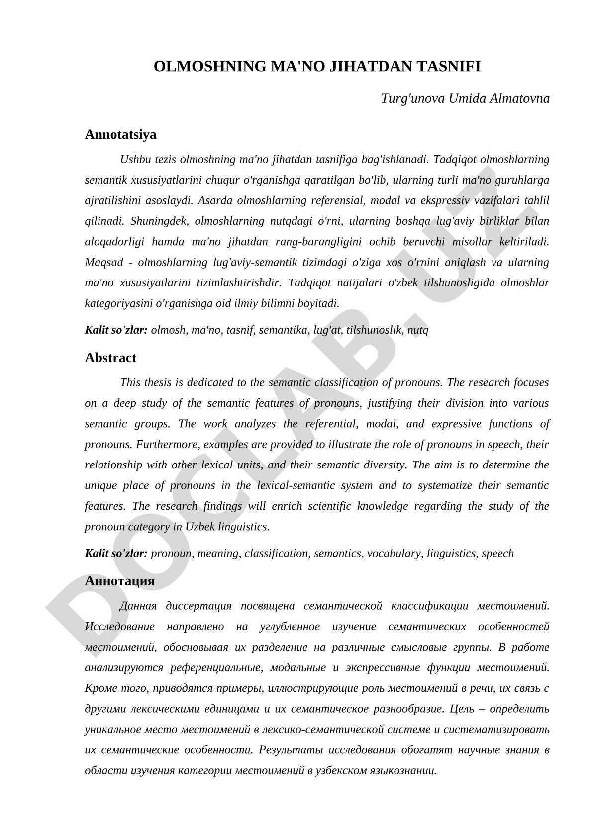 Olmoshning ma'no jihatdan tasnifi
