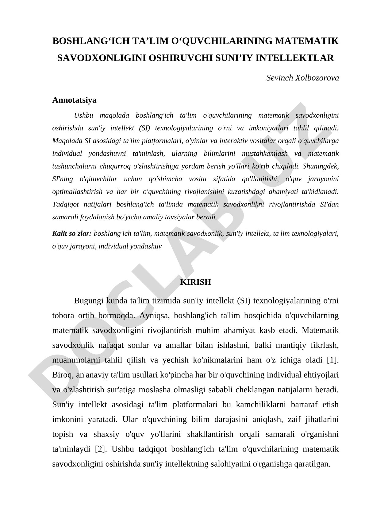 Boshlang'ich ta'lim o'quvchilarining matematik savodxonligini oshiruvchi sun'iy intellektlar