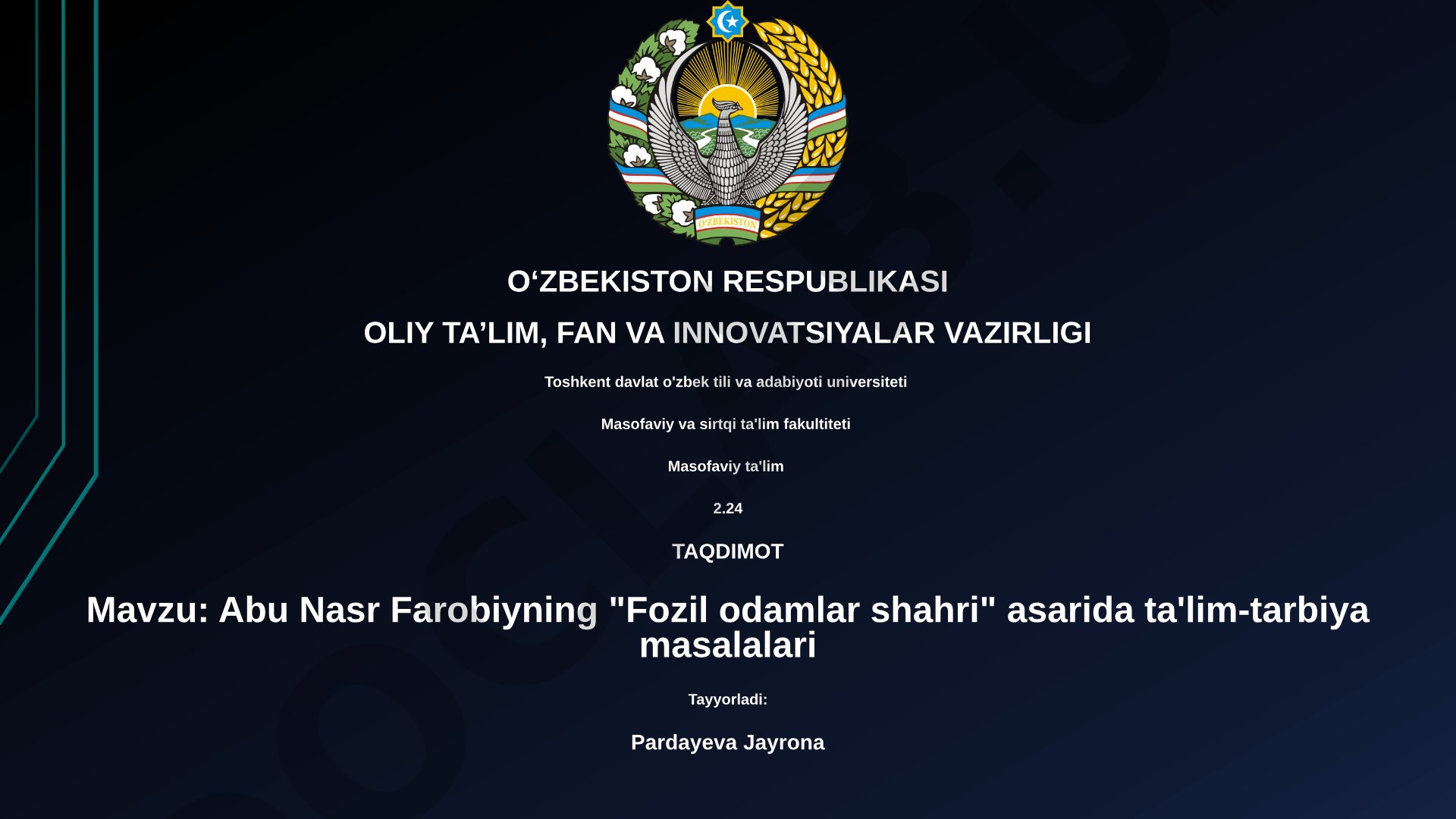 Abu Nasr Farobiyning 'Fozil odamlar shahri' asarida ta'lim-tarbiya masalalari